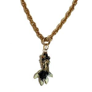 Vintage Articulated KOI Fish Necklace Black White Enamel Gold Tone 23” Chain
